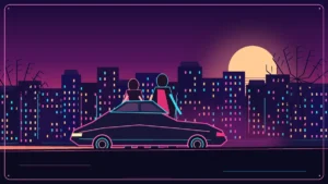 GTA 6 TV spot artwork with a neon Vice City-style skyline, two characters and a sports car