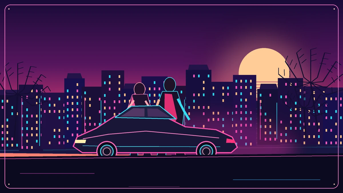 GTA 6 TV spot artwork with a neon Vice City-style skyline, two characters and a sports car